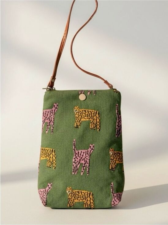 Miss Mandy’s Handbags - PURRFECT GIFT! Green Canvas Pink & Orange Cat Embroidered Crossbody Bag | NWT